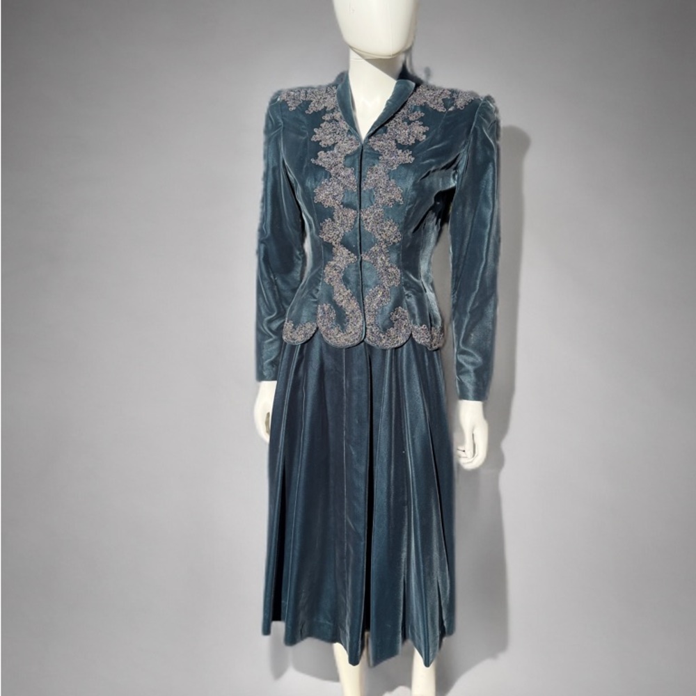 Vintage Teal Beaded Jacket and Skirt